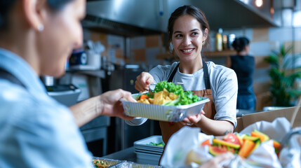 A restaurant employee and a customer as they exchange a freshly prepared take-out lunch