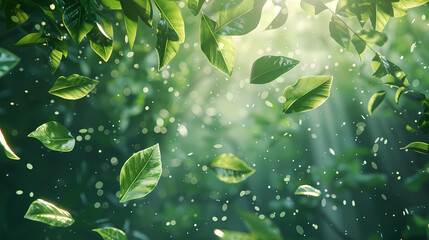 Flying leaves effect with mild sunbeam in 3d illustration vector