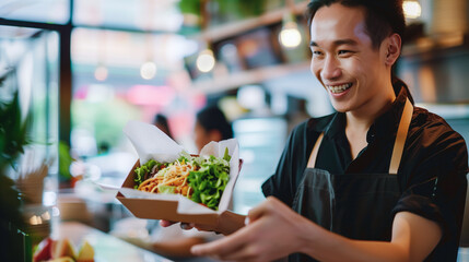 A restaurant employee and a customer as they exchange a freshly prepared take-out lunch - Powered by Adobe