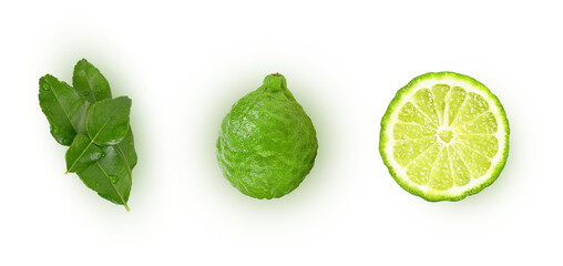 Fresh bergamot or kaffir lime fruit with cut in half slice and green leaf isolated  top view ...
