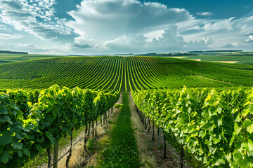 Fototapeta premium Expansive vineyards filled with ripe grapes, showcasing the beauty and abundance of large plantations.