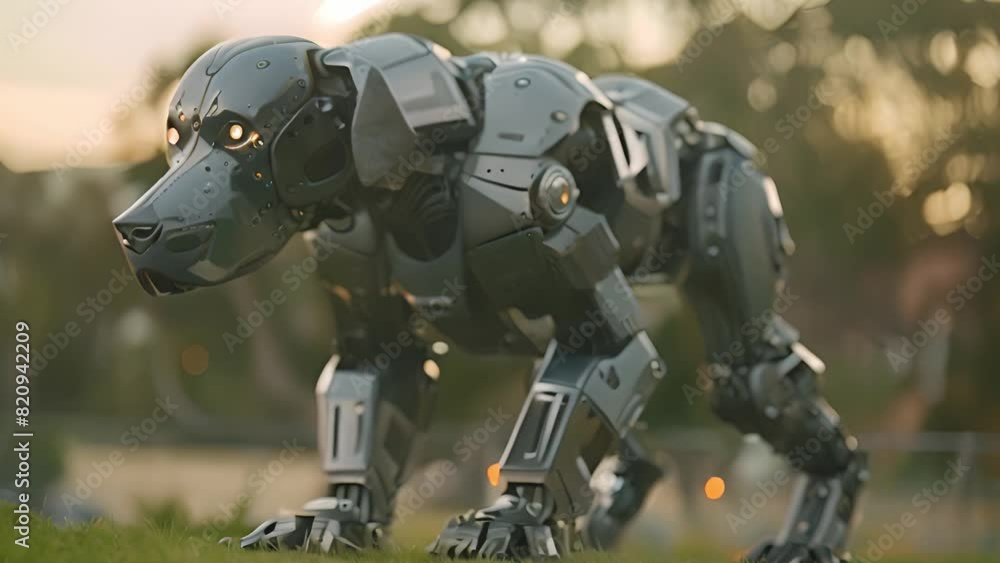 Aufkleber this robot dog stands on a grassy field under the sun. robot dog standing on grass field