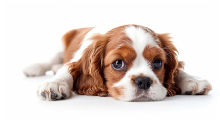 Front view of a cute brown Cavalier King Charles Spaniel puppy dog sitting lying down isolated on a white background