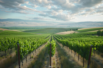 Fototapeta premium Expansive vineyards filled with ripe grapes, showcasing the beauty and abundance of large plantations.