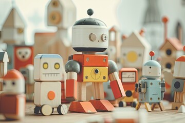 Detailed macro view of wooden toy set. Embracing endearing automaton concept.