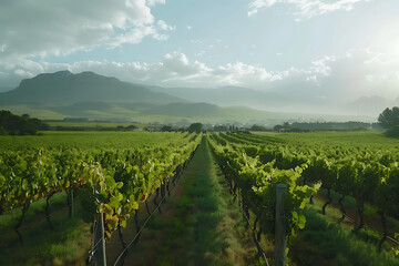 Fototapeta premium Expansive vineyards filled with ripe grapes, showcasing the beauty and abundance of large plantations.