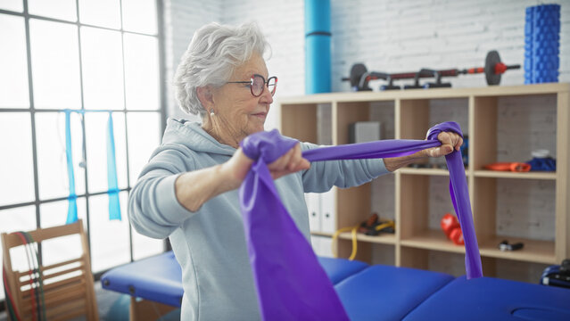 Senior woman exercises with a resistance band in a brightly lit physiotherapy room, portraying health and activity in old age.