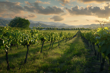 Fototapeta premium Expansive vineyards filled with ripe grapes, showcasing the beauty and abundance of large plantations.