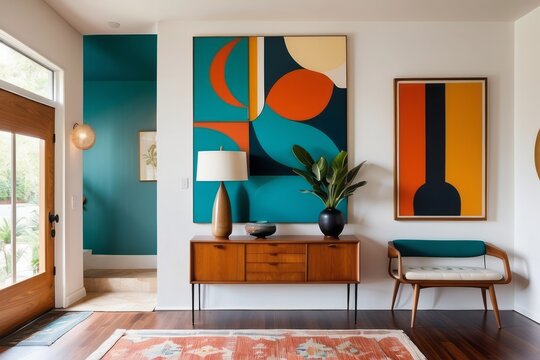 Mid Century Modern Foyer Design With Wall Art