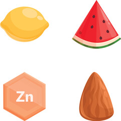 Zn mineral icons set cartoon vector. Food product with high content of zinc. Mineral food