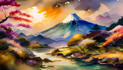 Watercolor painting of Japanese landscape. Beautiful natural scenery with mountain and lake.