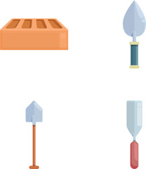 Bricklayer tool icons set cartoon vector. Various trowel and brick. Construction equipment