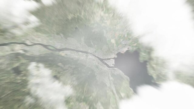 Earth zoom in from space to Drammen, Norway. Followed by zoom out through clouds and atmosphere into space. Satellite view. Travel intro. Images from NASA