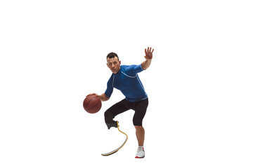 Fototapeta premium Champion of adaptability. Muscular man with prosthetic leg training basketball game, playing with confidence isolated on transparent background. Concept of inclusive sport, heath care, endurance