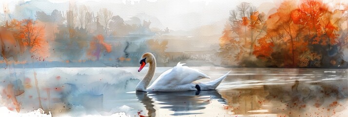 A serene swan glides on a lake with watercolor autumn trees reflected in the calm waters