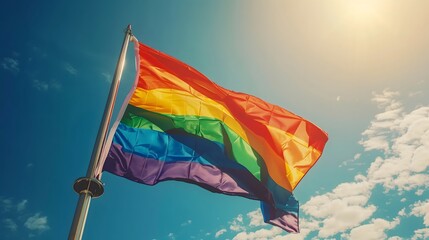 Pride in the Sky: Vibrant Rainbow Flag Soaring High on a Sunny Day, Illuminating Diversity and Joy for All