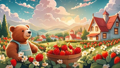 teddy bear in the garden with strawberries