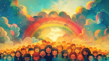 A colorful poster featuring an illustration of a rainbow arching across a sky filled with diverse, smiling faces, set against a pastel background, symbolizing pride and unity