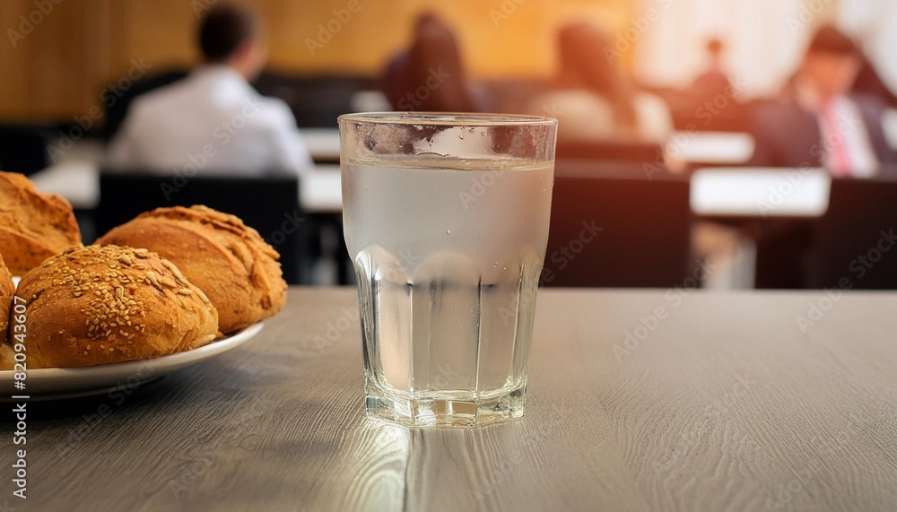 Wall mural blurred background with a transparent light drink on the table