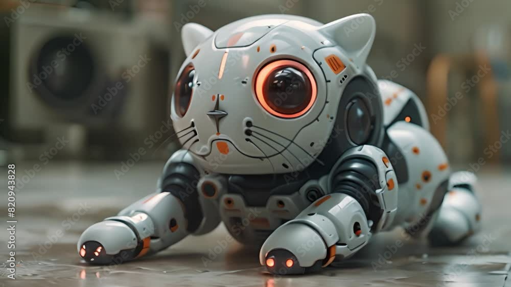 Poster this robot cat is peacefully lying on the ground. robot cat laying on ground