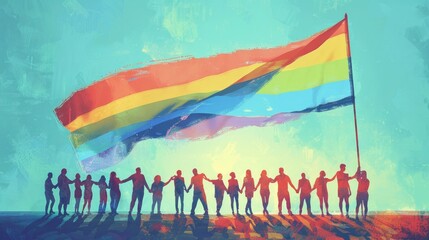 An illustration of a diverse group of people holding hands and forming a circle, with a large rainbow flag waving above them, against a light blue background, representing pride and community