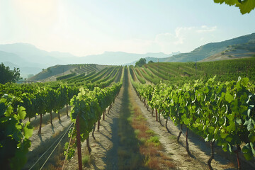Naklejka premium Expansive vineyards filled with ripe grapes, showcasing the beauty and abundance of large plantations.