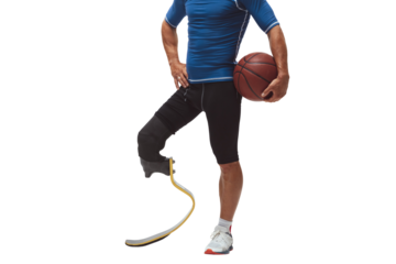 Cropped image of male legs, basketball athlete with one prosthetic leg standing isolated on transparent background. Concept of inclusive sport, motivation, heath care, endurance