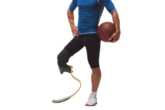 Cropped image of male legs, basketball athlete with one prosthetic leg standing isolated on transparent background. Concept of inclusive sport, motivation, heath care, endurance