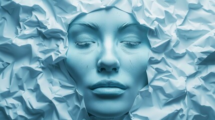 Artistic image of a sculptural face surrounded by crumpled paper, symbolizing thoughts or emotions