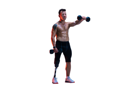 Muscular shirtless man with with prosthetic leg lifting dumbbells, training isolated on transparent background. Adaptability. Concept of inclusive sport, motivation, heath care, endurance