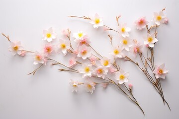 daffodils blooming, flowers, pink buds on a white canvas, in the style of minimalistic elements,...