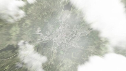 Earth zoom in from space to Boras, Sweden. Followed by zoom out through clouds and atmosphere into space. Satellite view. Travel intro. Images from NASA