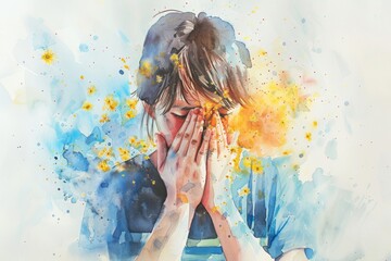 Person Experiencing Pollen Allergy Attack Depicted in Watercolor