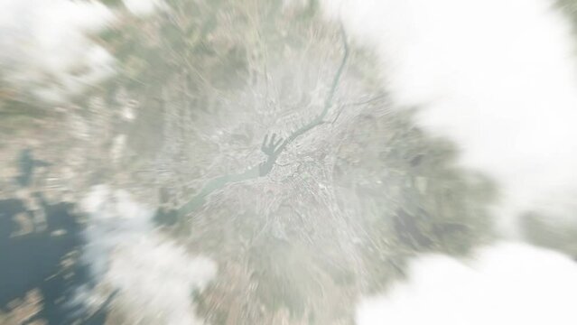 Earth zoom in from space to Gothenburg, Sweden. Followed by zoom out through clouds and atmosphere into space. Satellite view. Travel intro. Images from NASA
