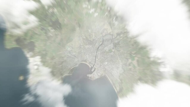 Earth zoom in from space to Halmstad, Sweden. Followed by zoom out through clouds and atmosphere into space. Satellite view. Travel intro. Images from NASA