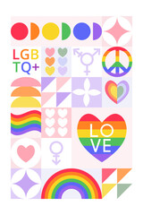 Creative concept for celebration. Template card or poster with typography for Pride Month. Simple abstract icons background. Stylized holiday LGBT symbols