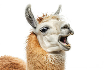 A llama with its mouth open, appearing to laugh, isolated on a white background