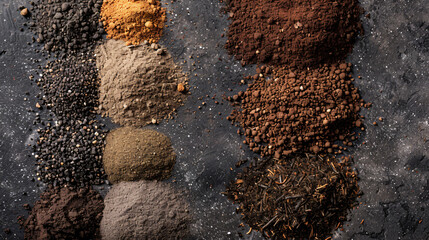 Different types of soil on grey background