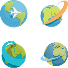 Worldwide icons set cartoon vector. Passenger plane flies around earth. Travel around world