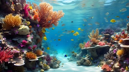Turquoise Ocean: Illustrate a vibrant coral reef teeming with life, where the turquoise waters are crystal clear, revealing colorful fish and corals beneath the surface.