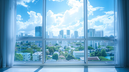 A window with a picturesque view of a city skyline