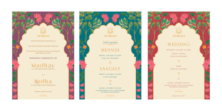 Indian Wedding Invitation set of Mehndi, Sangeet and wedding