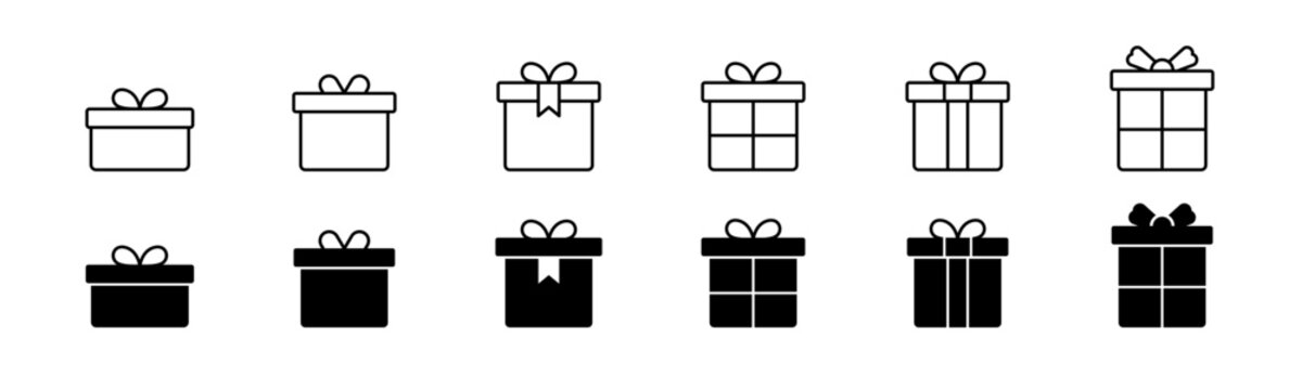 Present box icon. Gift box icon set. Line and glyph present box set
