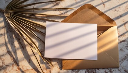 summer themed mock up scene with blank greeting card and craft envelope under sunset lighting featuring a date palm leaf shadow overlay on a golden marble table background presented in a flat lay