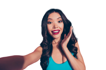 Self-portrait of nice amazed wondered astonished emotional cheerful sweet adorable attractive glamorous magnificent wavy-haired lady white shine teeth isolated over pink pastel background