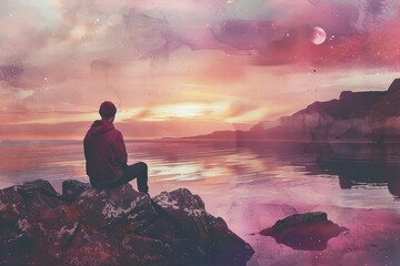 Obraz premium Serene Coastal Moment of Solitude and Reflection