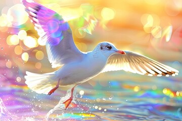 Fototapeta premium Seagull Soaring Over Ocean Sunset