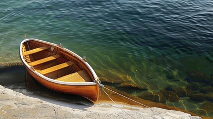 Obraz premium Serene Wooden Boat Scene with Red Flag