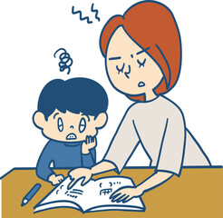 自宅で子供に勉強を教えるイライラお母さん