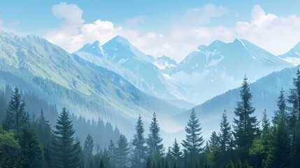 Beautiful pine trees on background high mountains.